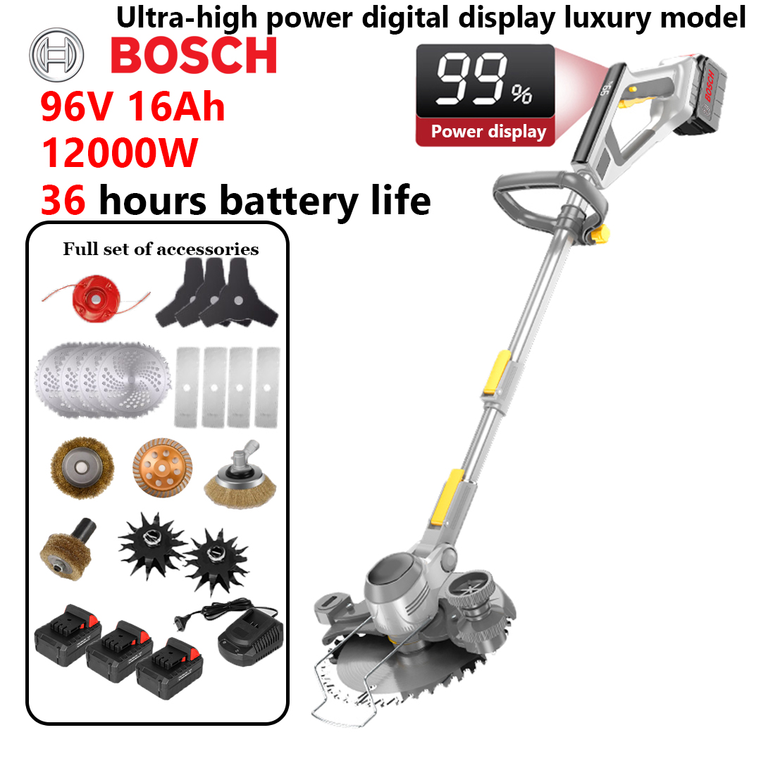 Luksusowy model z cyfrowym wyświetlaczem o dużej mocy - Zalecane: moc 12 000 W, żywotność baterii 36 godzin, możliwość cięcia pni drzew o średnicy 40 cm (prezent: bateria litowa 96 V 16 Ah*3 + stop brzeszczotu* 4 + nóż tnący * 4 + nóż trójkątny * 3 + głowica tnąca ze stopu * 1 + pług * 2 + głowica polerska do rur * 1 + głowica polerska ze stopu * 1 + duża główka szczotki drucianej * 1 + szybka ładowarka *1)